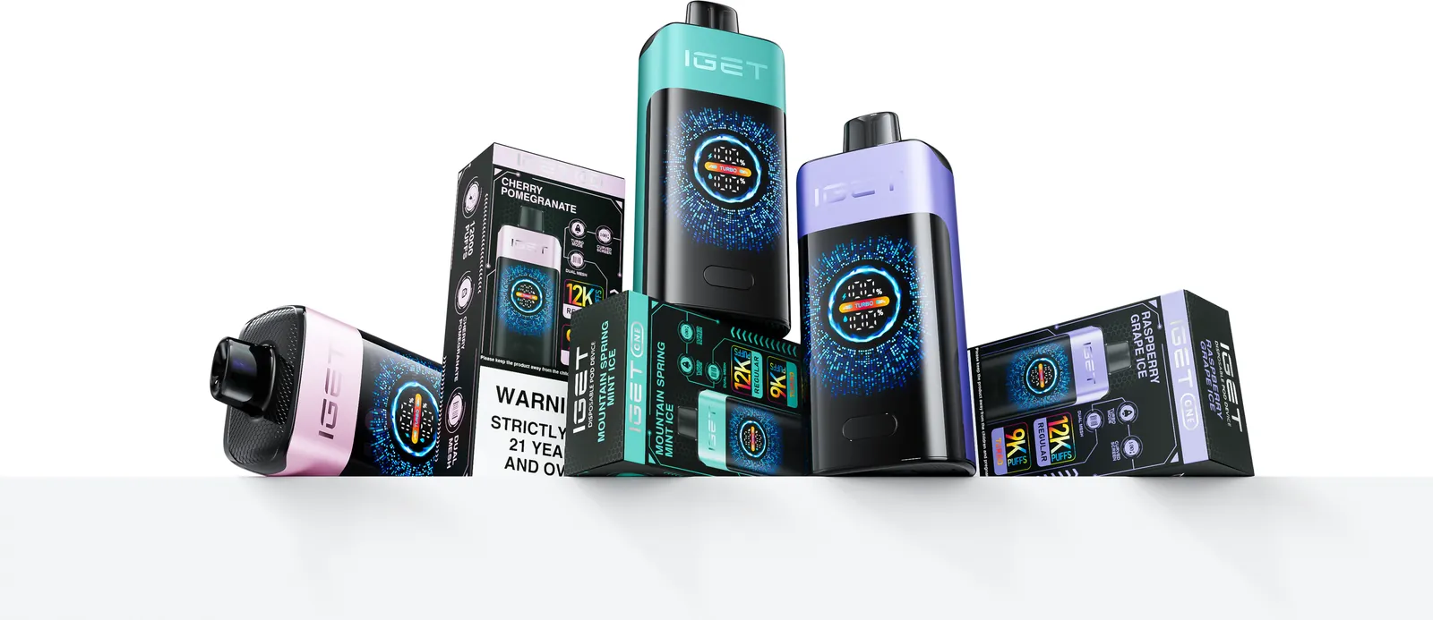 IGET One 12000 Puffs devices with retail packaging — 12K puffs, dual mesh, turbo mode