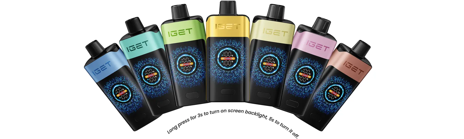 IGET One 12000 Puffs smart screen — long press 3s for backlight, 5s to turn off